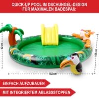 Kinder-Planschbecken mit Rutsche im Dschungel-Design, Größe 182x62x165 cm.